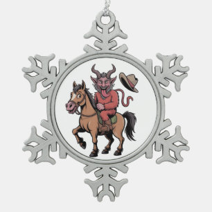 Lustiger Krampus Weihnachts Böser Santa Cowboy Wes Schneeflocken Zinn-Ornament