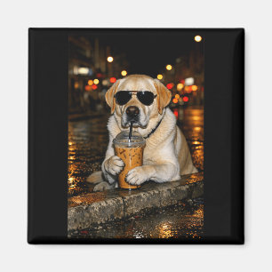 Lustiger Labrador Retriever trinkt eisgekühlten Ka Magnet
