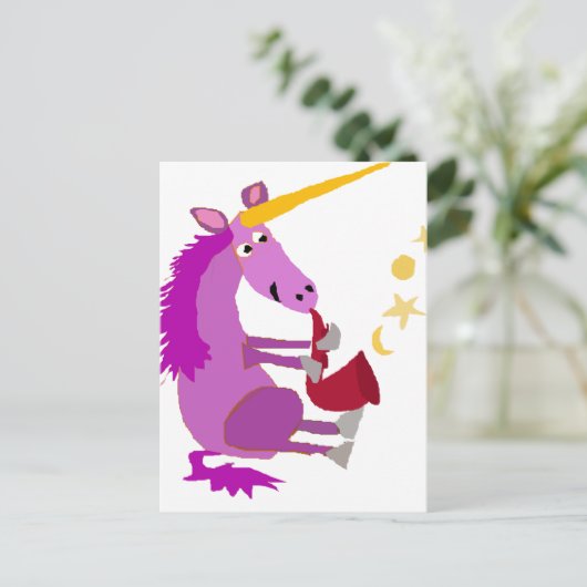 Lustiger lila Unicorn, der den Saxophone spielt Postkarte (Stehend Vorderseite)