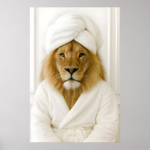 Lustiger Löwe Badezimmer Druck, Löwe im Bademantel Poster
