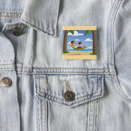 Lustiger Mann entspannt sich in der Strandhängemat Button (Beispiel)
