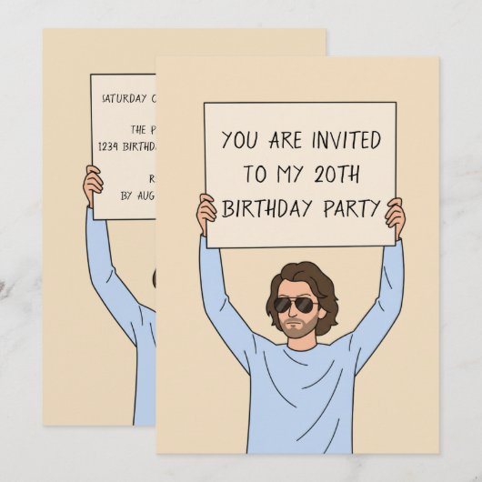 Lustiger Mann mit Schild 20. Geburtstag Einladung (Vorne/Hinten)