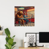 Lustiger Mann und Bär im Retro-Diner Poster (Heimbüro)