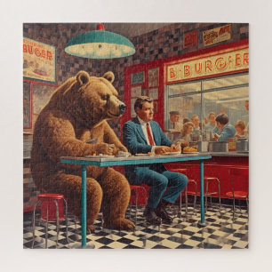 Lustiger Mann und Bär im Retro-Diner Puzzle