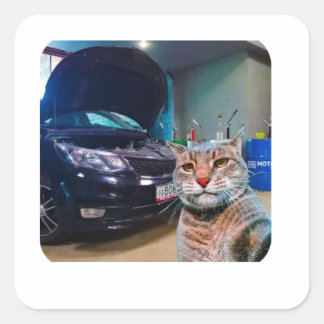 Lustiger Mechaniker-Katze-in-der-Garage-Aufkleber Quadratischer Aufkleber