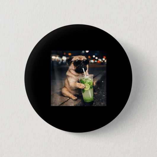 Lustiger Meme-Mops trinkt Mojito-Limonen-Minze Button (Vorderseite)