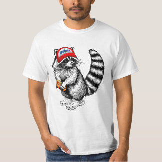 Lustiger Merica-Waschbär hält Hotdog USA-Flagge T-Shirt