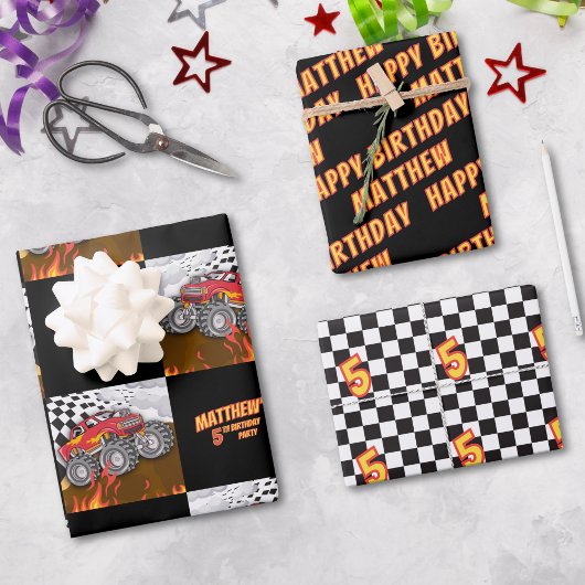 Lustiger Monstertruck-Geburtstag Geschenkpapier Set