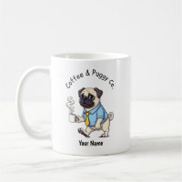 Lustiger Mops-Hund im Geschäftsanzug Kaffee