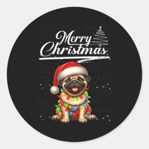 Lustiger Mops-Hund Weihnachtslichter Weihnachtsman Runder Aufkleber
