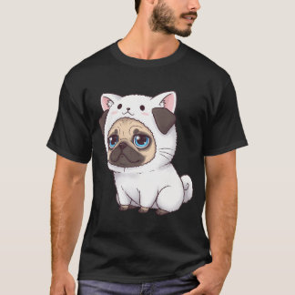 Lustiger Mops in einem weißen Katzenkostüm T-Shirt