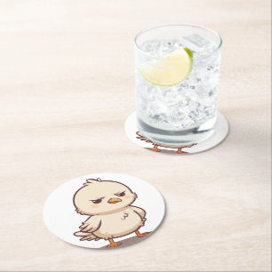 Lustiger mürrischer Baby-Vogel Kawaii Cartoon Runder Pappuntersetzer
