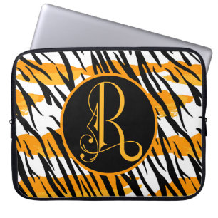Lustiger Orange-Schwarz-Weiß-Tiger-Streifen-Monogr Laptopschutzhülle