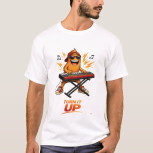 Lustiger orangefarbener Keyboard-Spieler-Charakter T-Shirt