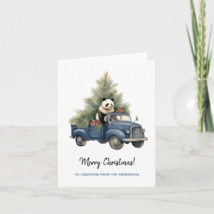 Lustiger Panda in blauem Retro-LKW Weihnachten Karte
