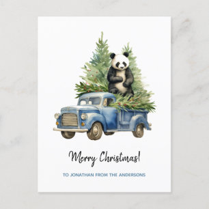 Lustiger Panda in blauem Vintage-Van Xmas Feiertagspostkarte