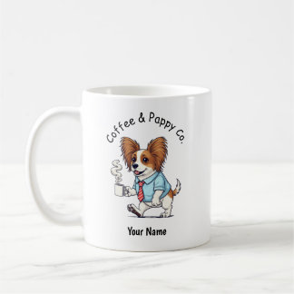 Lustiger Papillon-Hund im Geschäftsanzug Kaffee Kaffeetasse