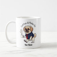 Lustiger Pekinger-Hund im Geschäftsanzug Kaffee