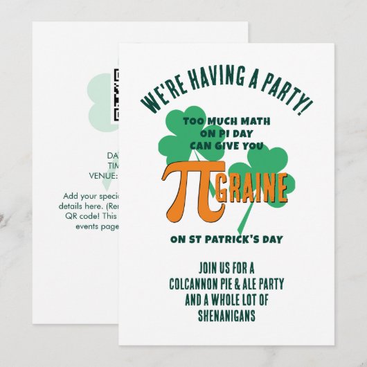 Lustiger Pi-Day-QR-Code-St.-Patricks-Day-Pub-Party Einladung (Vorne/Hinten)
