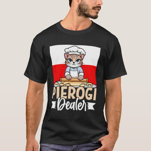 Lustiger Pierogi-Händler-Katze Polnischer Essenlie T-Shirt (Vorderseite)