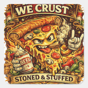 Lustiger Pizza-Aufkleber – In Pizza We Crust Retro Quadratischer Aufkleber
