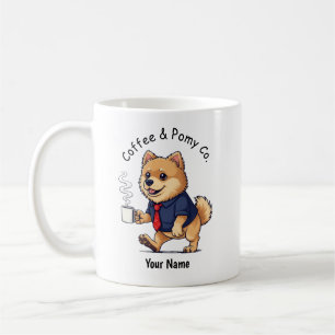 Lustiger Pomeranian-Hund im Geschäftsanzug Kaffee  Kaffeetasse