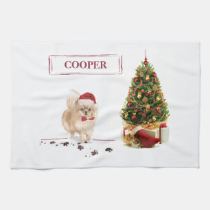 Lustiger Pomeranian-Weihnachtshund mit Baum Geschirrtuch