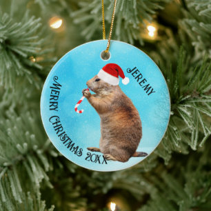 Lustiger Präriehund im Weihnachtsmannhut   Keramik Ornament