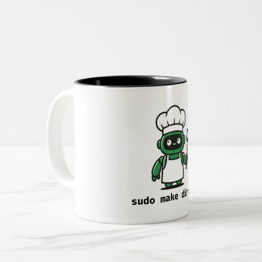 Lustiger Programmierer-Becher — sudo make dinner Zweifarbige Tasse (Vorderseite Links)