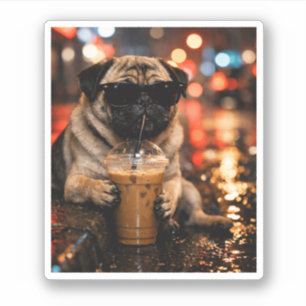 Lustiger Pug, der Eiskaffee trinkt, süßes Hundebes Aufkleber