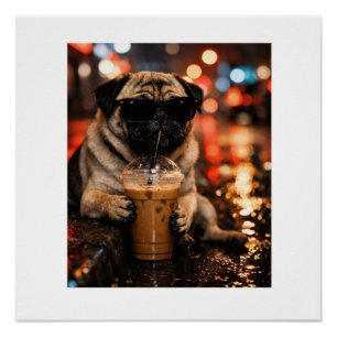 Lustiger Pug, der Eiskaffee trinkt, süßes Hundebes Poster