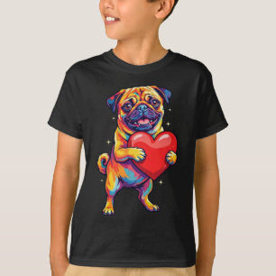 Lustiger Pug, der Herz hält, süße bunte Hundekunst T-Shirt