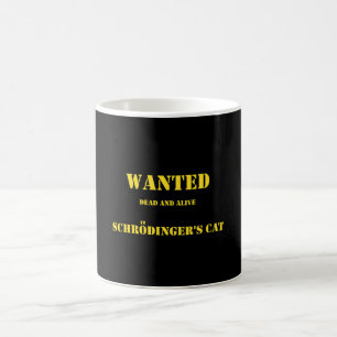 Lustiger Quantenwitz: Schrödingers Katze auf freie Kaffeetasse