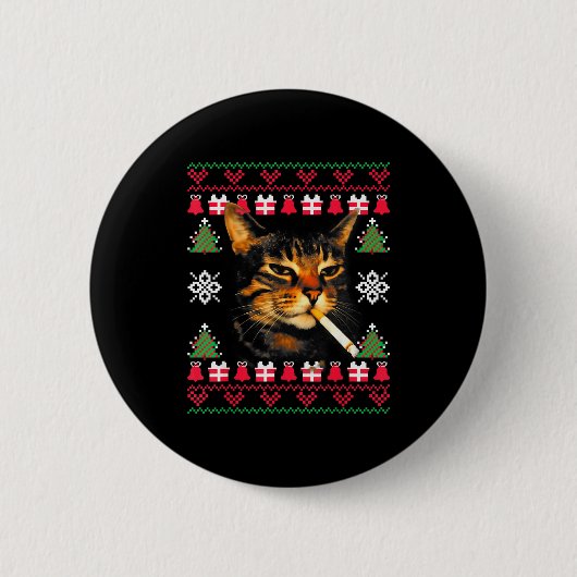 Lustiger rauchender Katzen-Meme hässlicher Weihnac Button (Vorderseite)