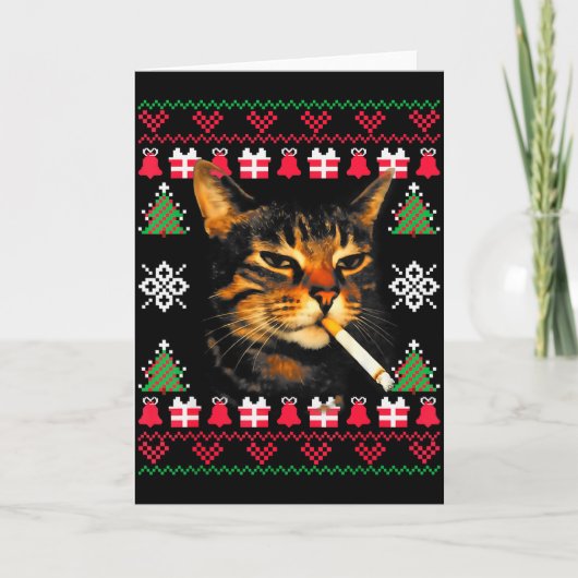 Lustiger rauchender Katzen-Meme-hässlicher Weihnac Karte (Vorderseite)