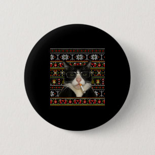 Lustiger rauchender Katzen-Meme-Weihnachts-Hässlic Button