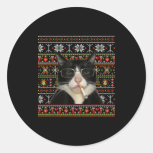 Lustiger rauchender Katzen-Meme-Weihnachts-hässlic Runder Aufkleber