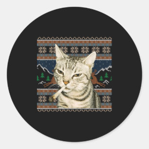 Lustiger rauchender Katzen-Meme-Weihnachts-Hässlic Runder Aufkleber