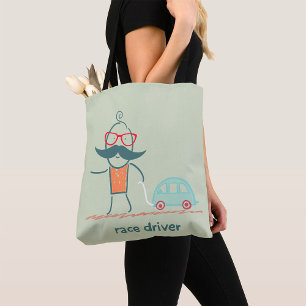 Lustiger Rennfahrer-Schnurrbart-Charakter Tasche