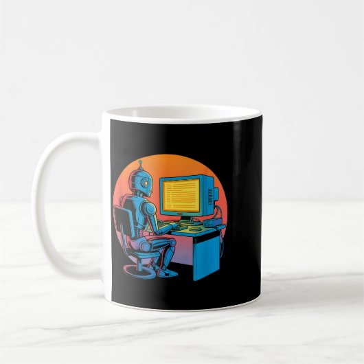 Lustiger Retro-Roboter codiert Computerbildschirm Kaffeetasse (Links)