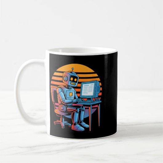 Lustiger Retro-Roboter codiert Computerbildschirm Kaffeetasse (Links)