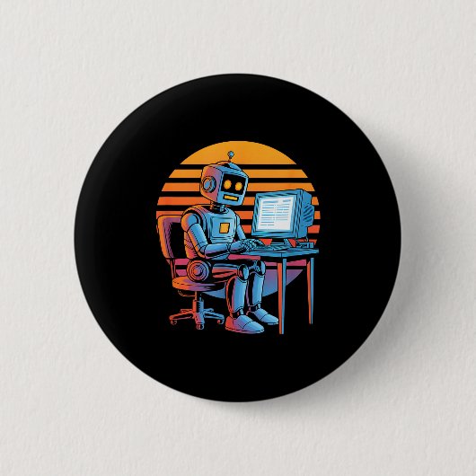 Lustiger Retro-Roboter programmiert Computerbildsc Button (Vorderseite)