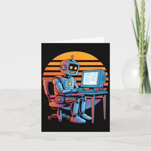 Lustiger Retro-Roboter programmiert Computerbildsc Karte (Vorderseite)
