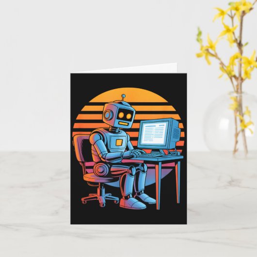 Lustiger Retro-Roboter programmiert Computerbildsc Karte (Gelbe Blume)
