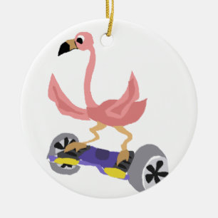 Lustiger rosa Flamingo auf Hoverboard Keramik Ornament