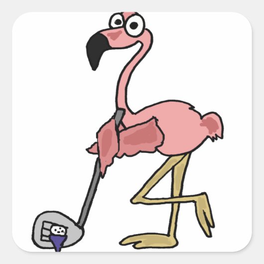 Lustiger rosa Flamingo-Golf spielende Kunst Quadratischer Aufkleber (Vorderseite)