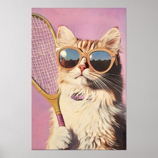 Lustiger rosa Katzen-Tennis-Kunst-Druck - Süße Wan Poster (Vorne)