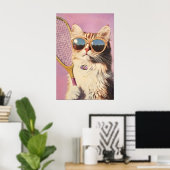 Lustiger rosa Katzen-Tennis-Kunst-Druck - Süße Wan Poster (Heimbüro)