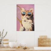 Lustiger rosa Katzen-Tennis-Kunst-Druck - Süße Wan Poster (Küche)