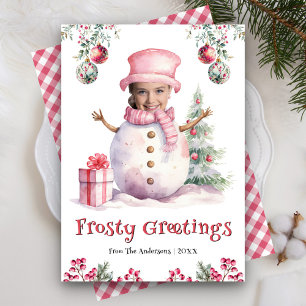 Lustiger rosa Schneemann Kinder Foto Gesicht Spaß Feiertagskarte